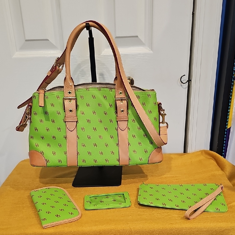Dooney & Bourke Lime Green & Red Signature Monogram Satchel 5 PC Bundle - EUC